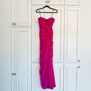 Badgley Mischka Ruffled Gown Fuchsia Orchid Pink Silk Chiffon Strapless Ruched